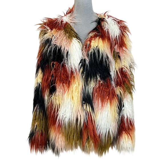 Umgee USA Faux Fur Retro Coat Women’s L Multicolor Open Front Hippie Boho Gypsy - Picture 2 of 11